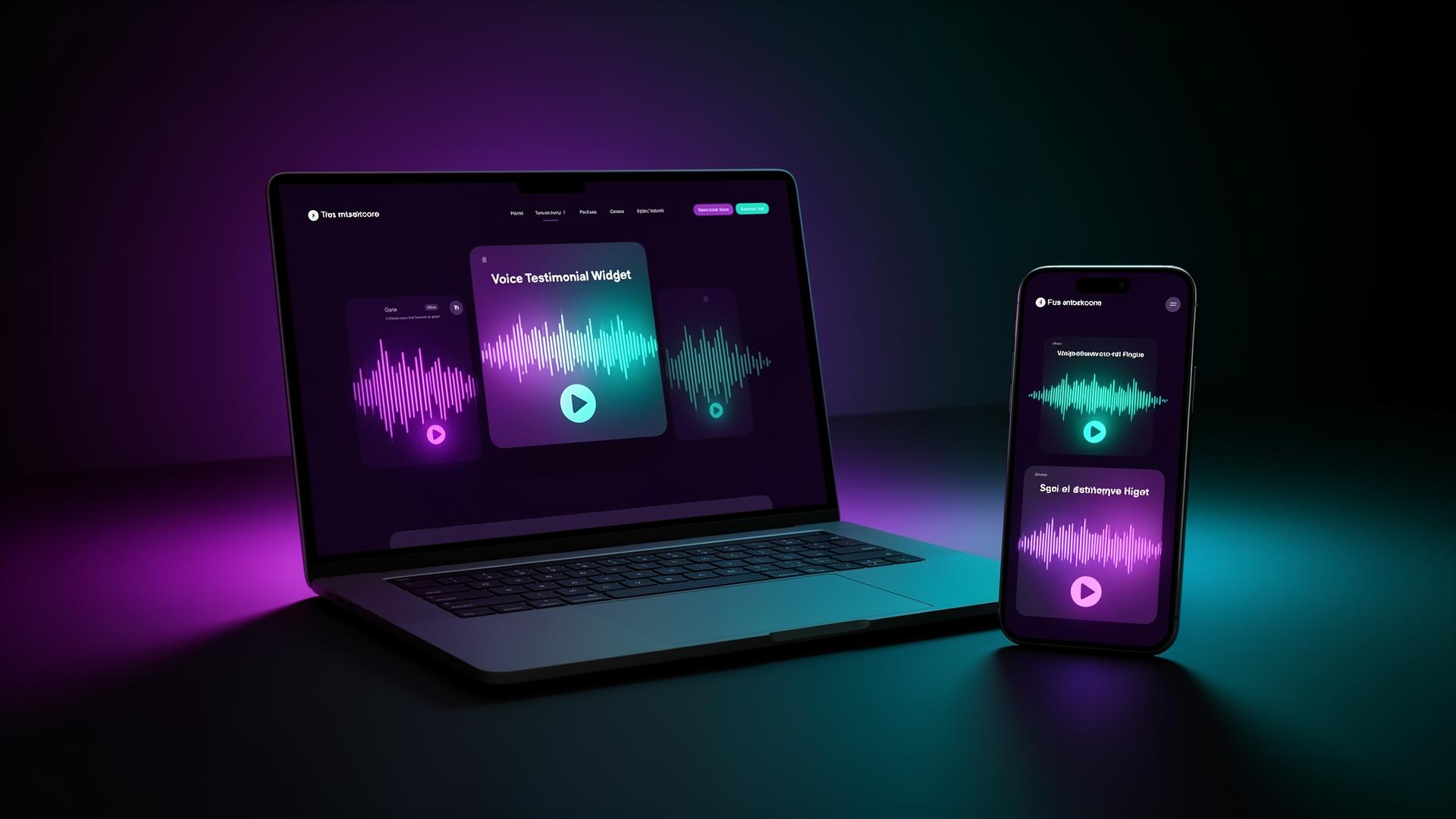 Voice testimonial recording on a phone with glowing waveforms